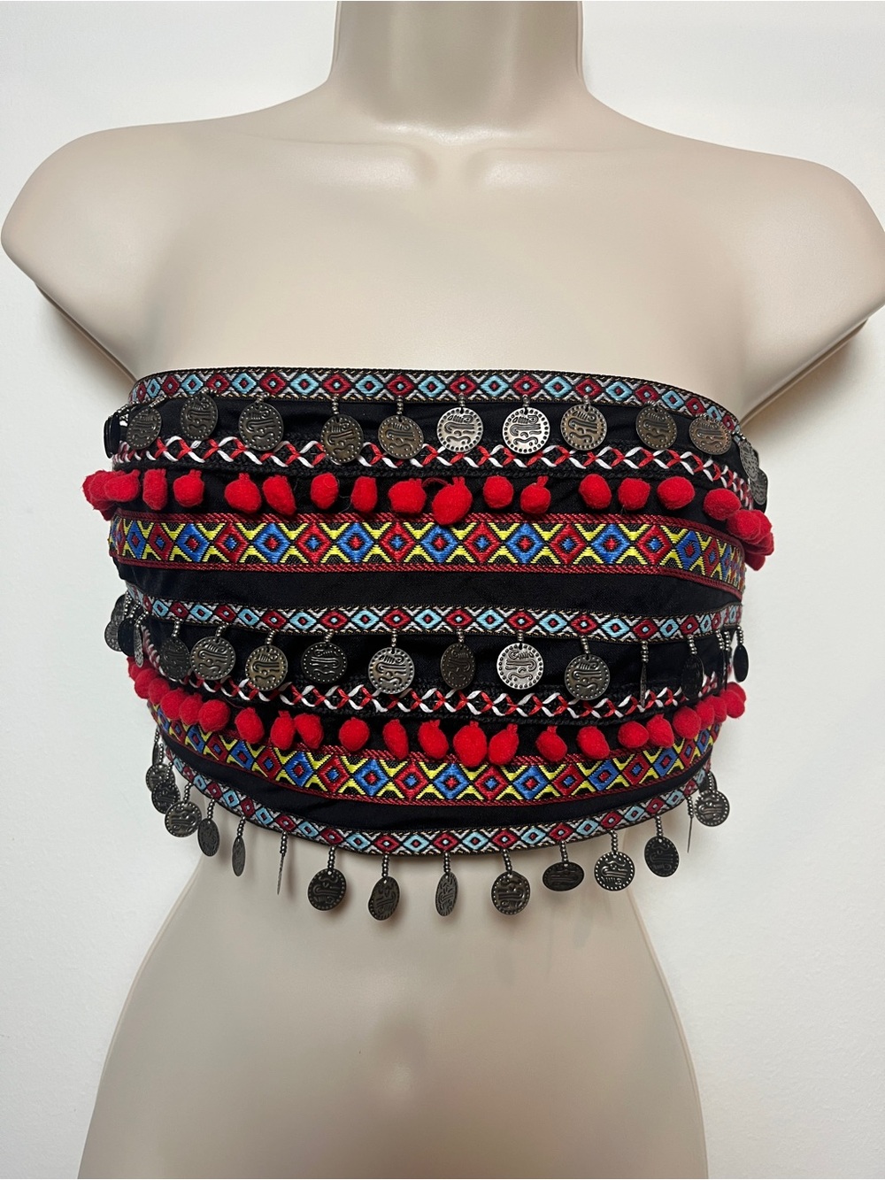 NWT Boho Red Embroidered Coin Fringe Tube Top Small Ren Faire Gypsy Costume